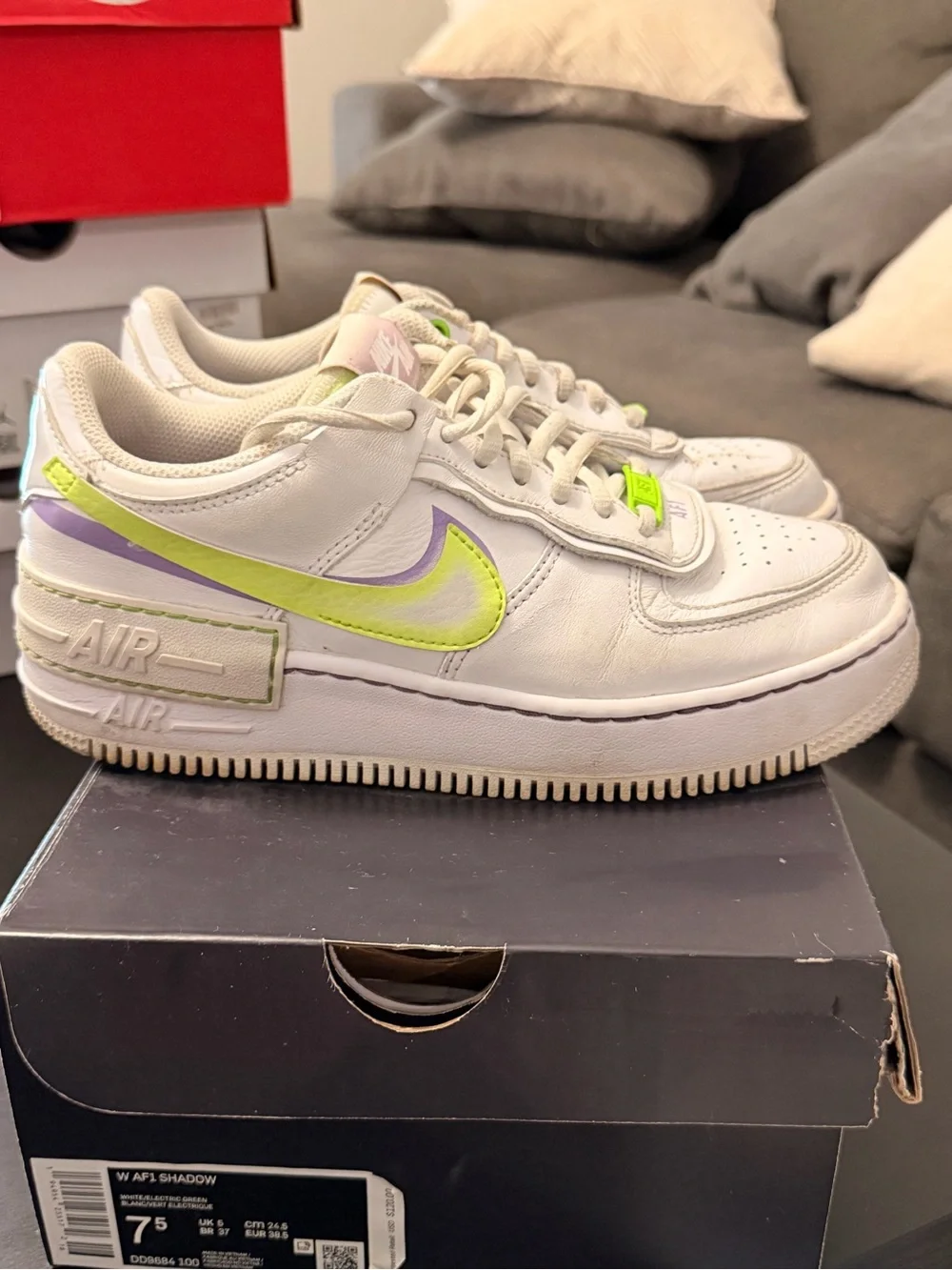 Nike White Air force 1’s with Neon Lime and Light Purple Swoosh